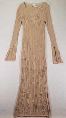 Boho Crochet Maxi Dress Size S Beige Coastal Romantic Beachy Festival Whimsical